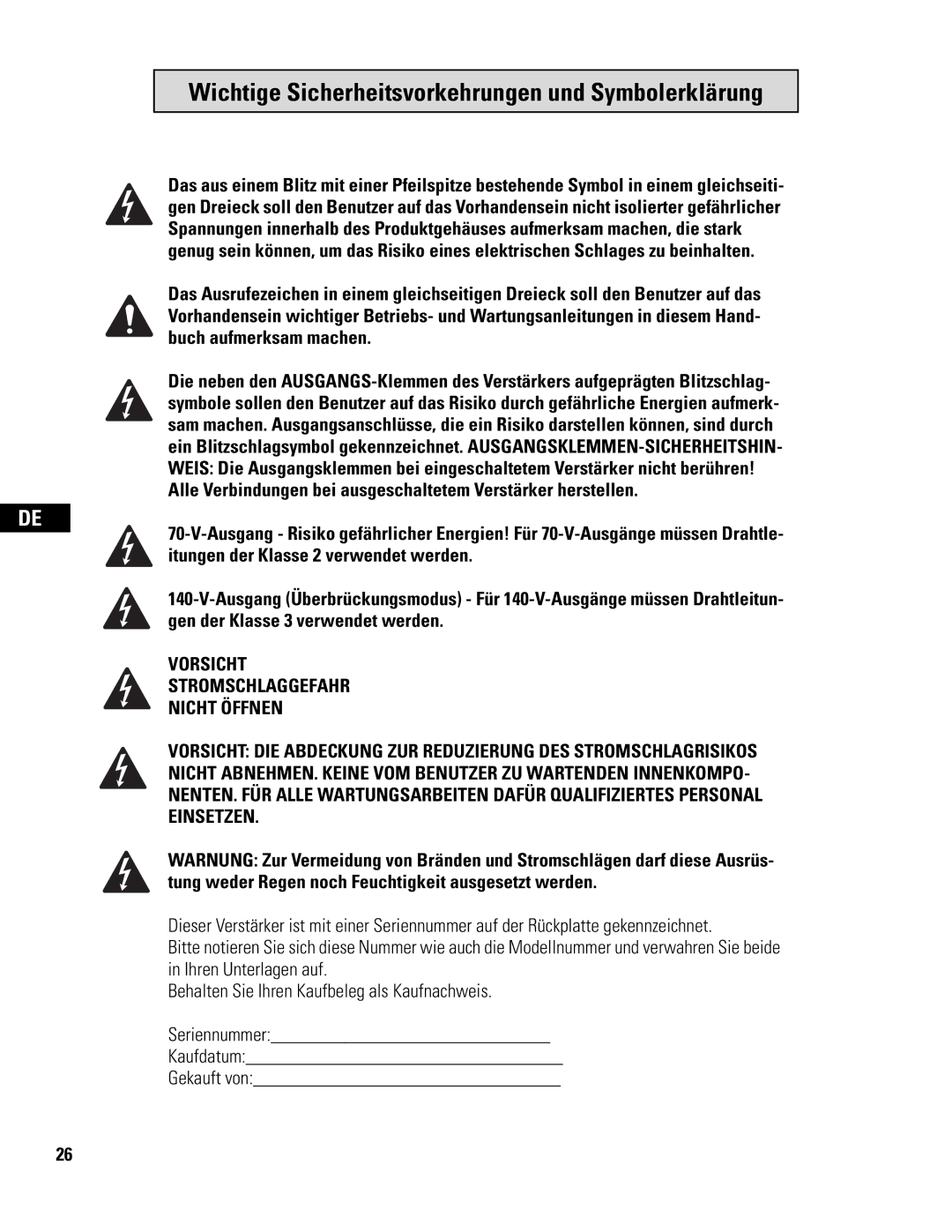 QSC Audio CX108V user manual Wichtige Sicherheitsvorkehrungen und Symbolerklärung 