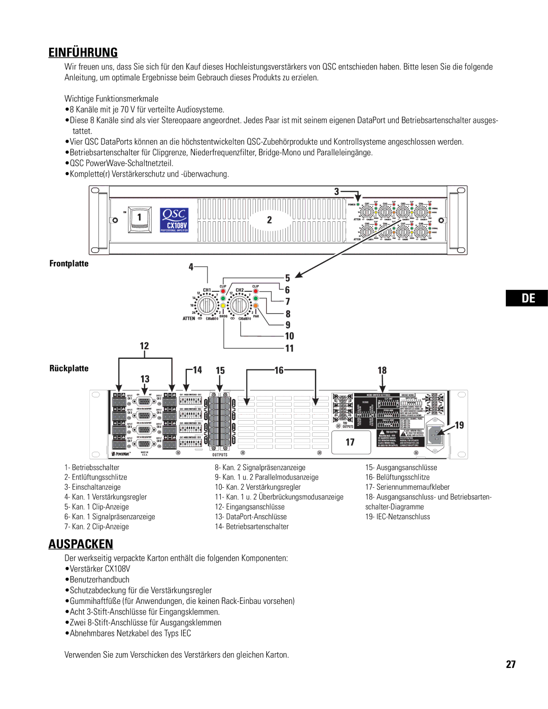 QSC Audio CX108V user manual Einführung, Auspacken, Frontplatte Rückplatte 