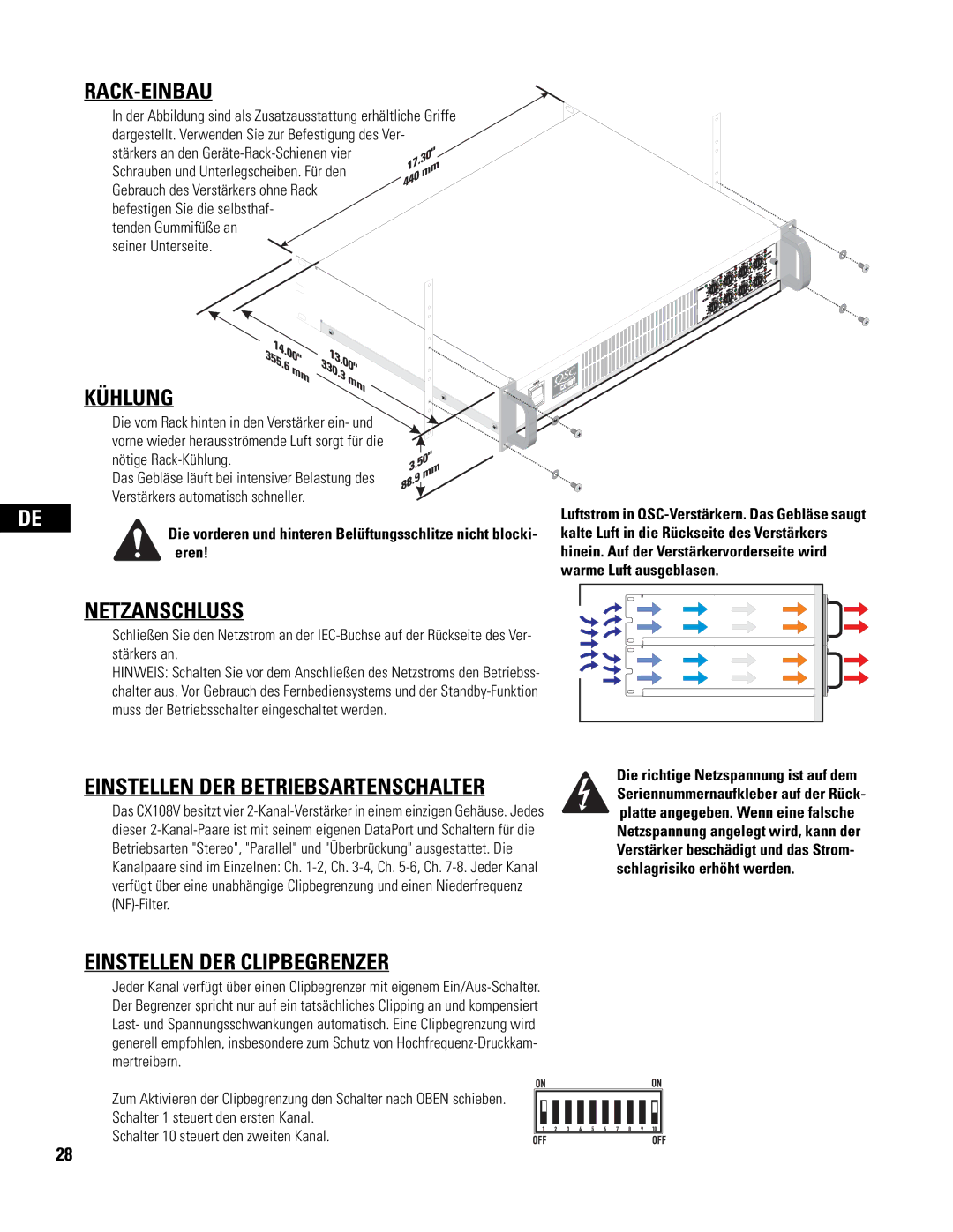 QSC Audio CX108V Rack-Einbau, Kühlung, Netzanschluss, Einstellen DER Betriebsartenschalter, Einstellen DER Clipbegrenzer 