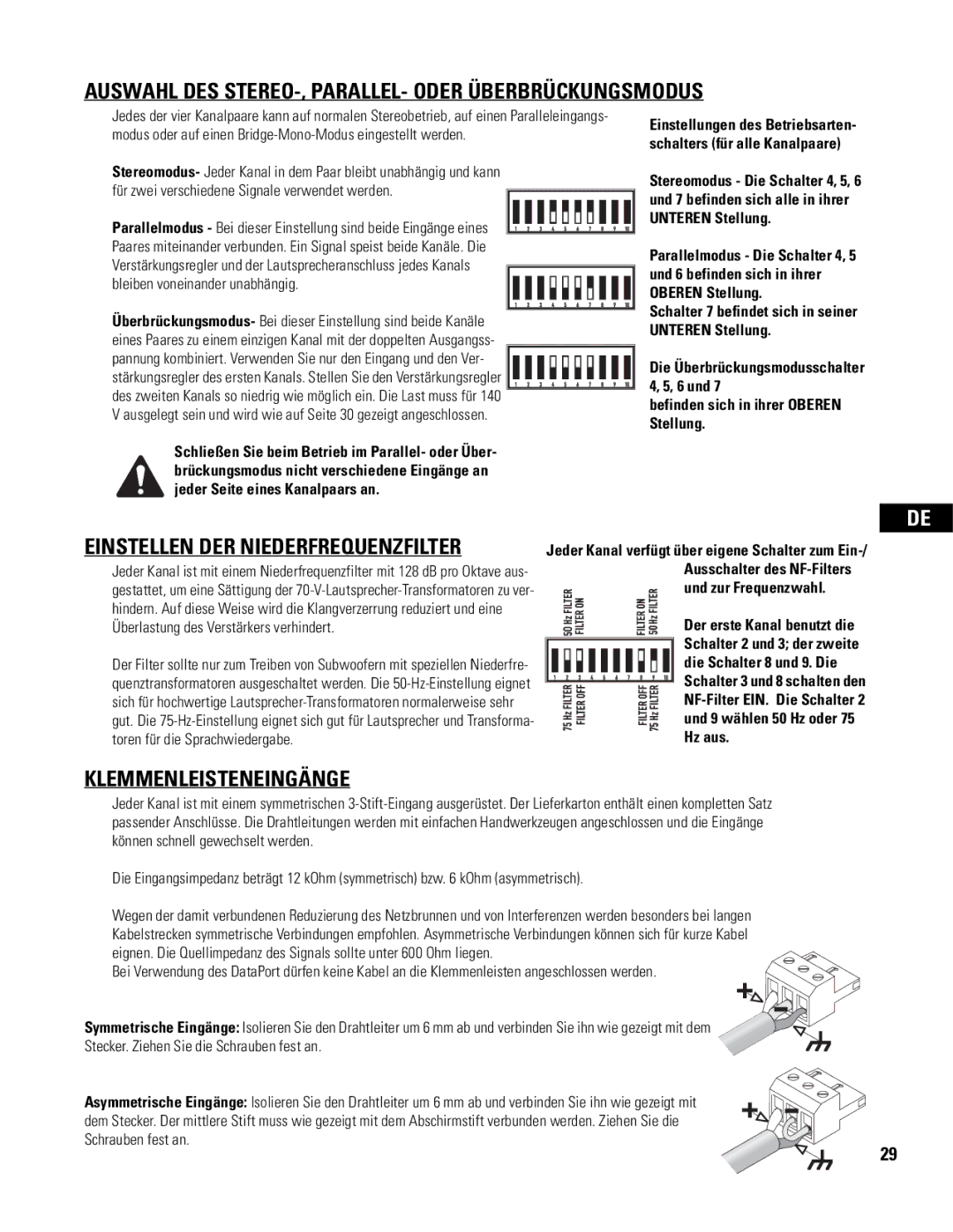 QSC Audio CX108V user manual Auswahl DES STEREO-, PARALLEL- Oder Überbrückungsmodus, Klemmenleisteneingänge 