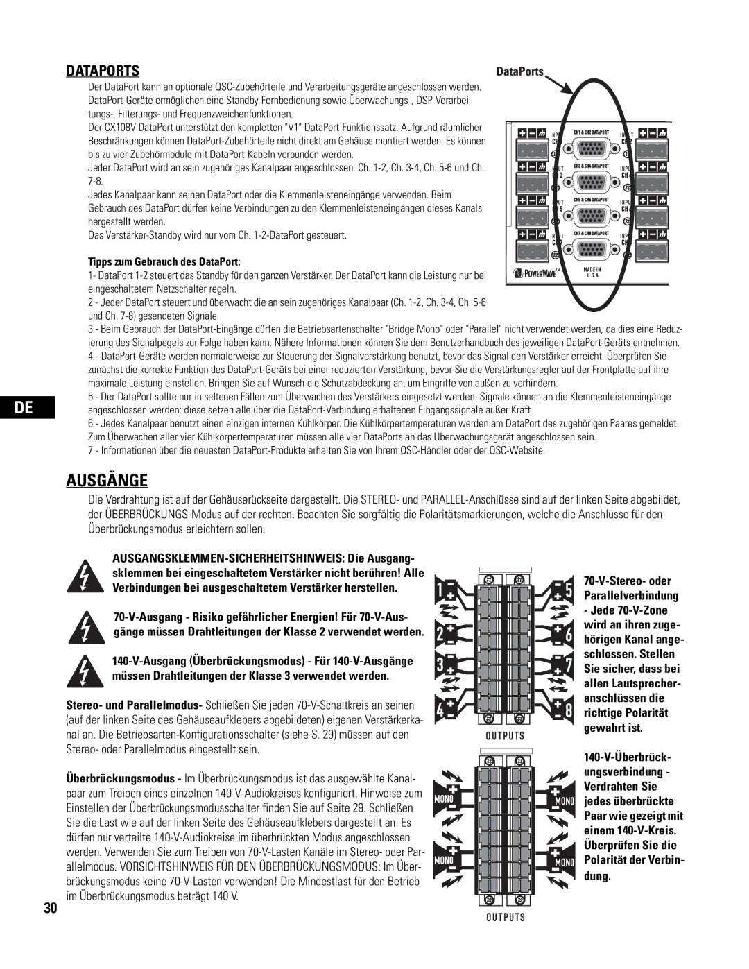 QSC Audio CX108V user manual Ausgänge, Dataports 