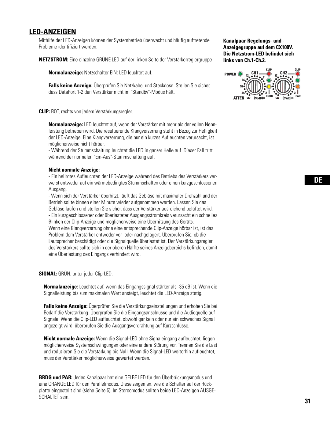 QSC Audio CX108V user manual Led-Anzeigen, Normalanzeige Netzschalter EIN LED leuchtet auf, Nicht normale Anzeige 