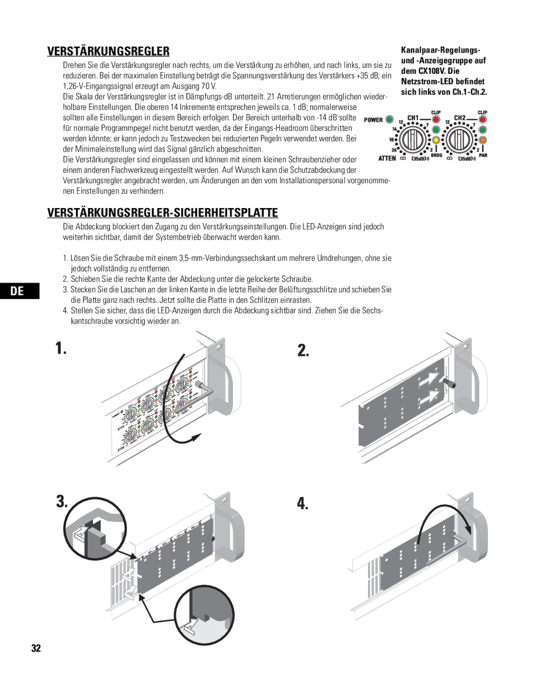 QSC Audio CX108V user manual Verstärkungsregler-Sicherheitsplatte 