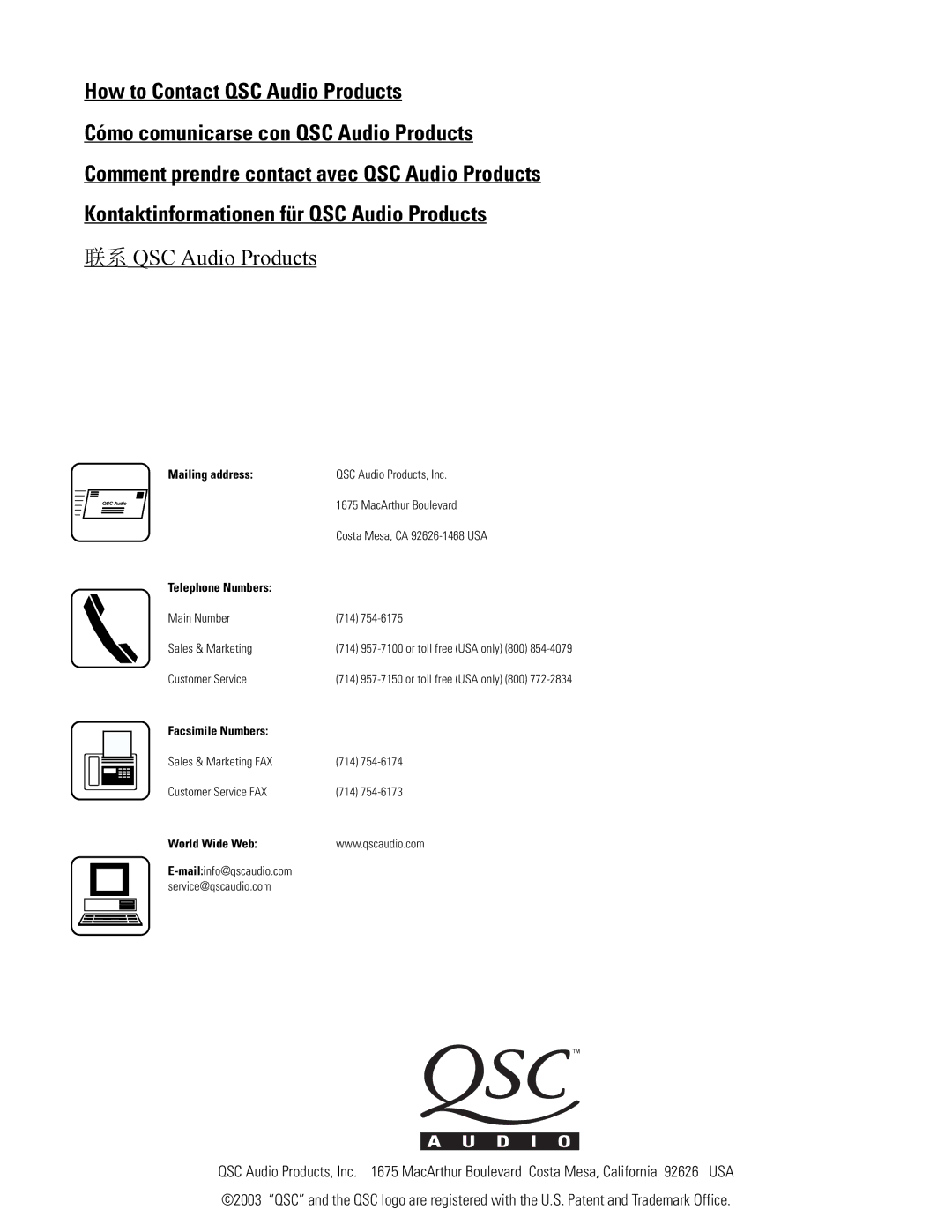 QSC Audio CX108V user manual How to Contact QSC Audio Products 