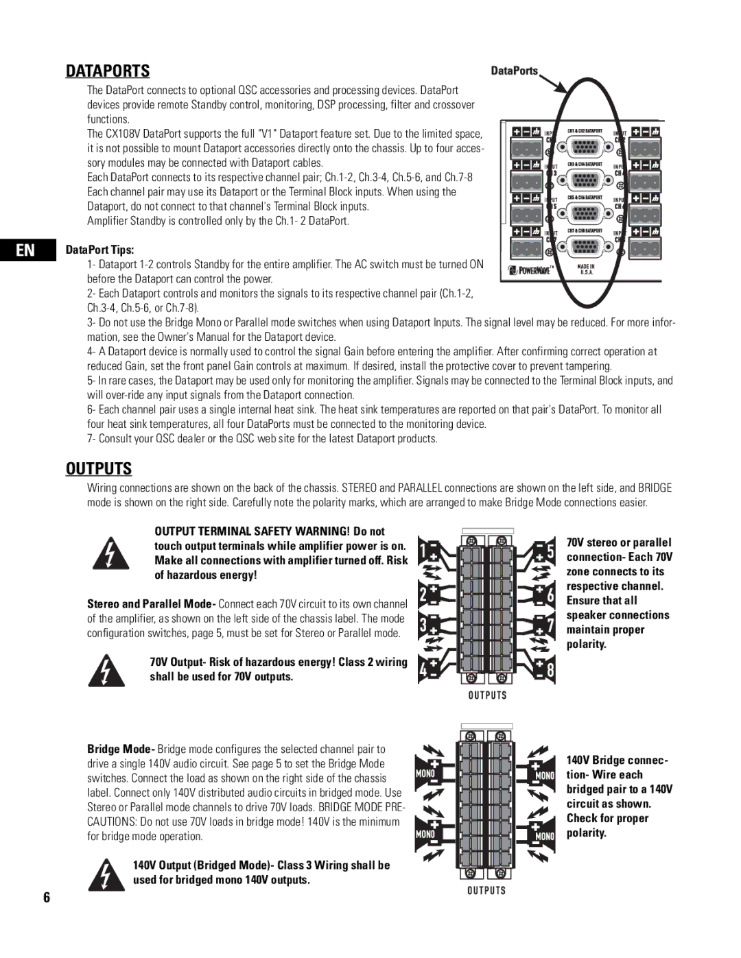 QSC Audio CX108V user manual Dataports, Outputs 