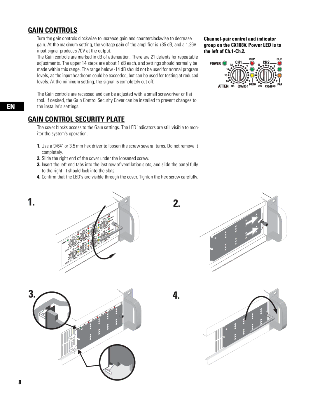 QSC Audio CX108V user manual Gain Controls, Gain Control Security Plate 