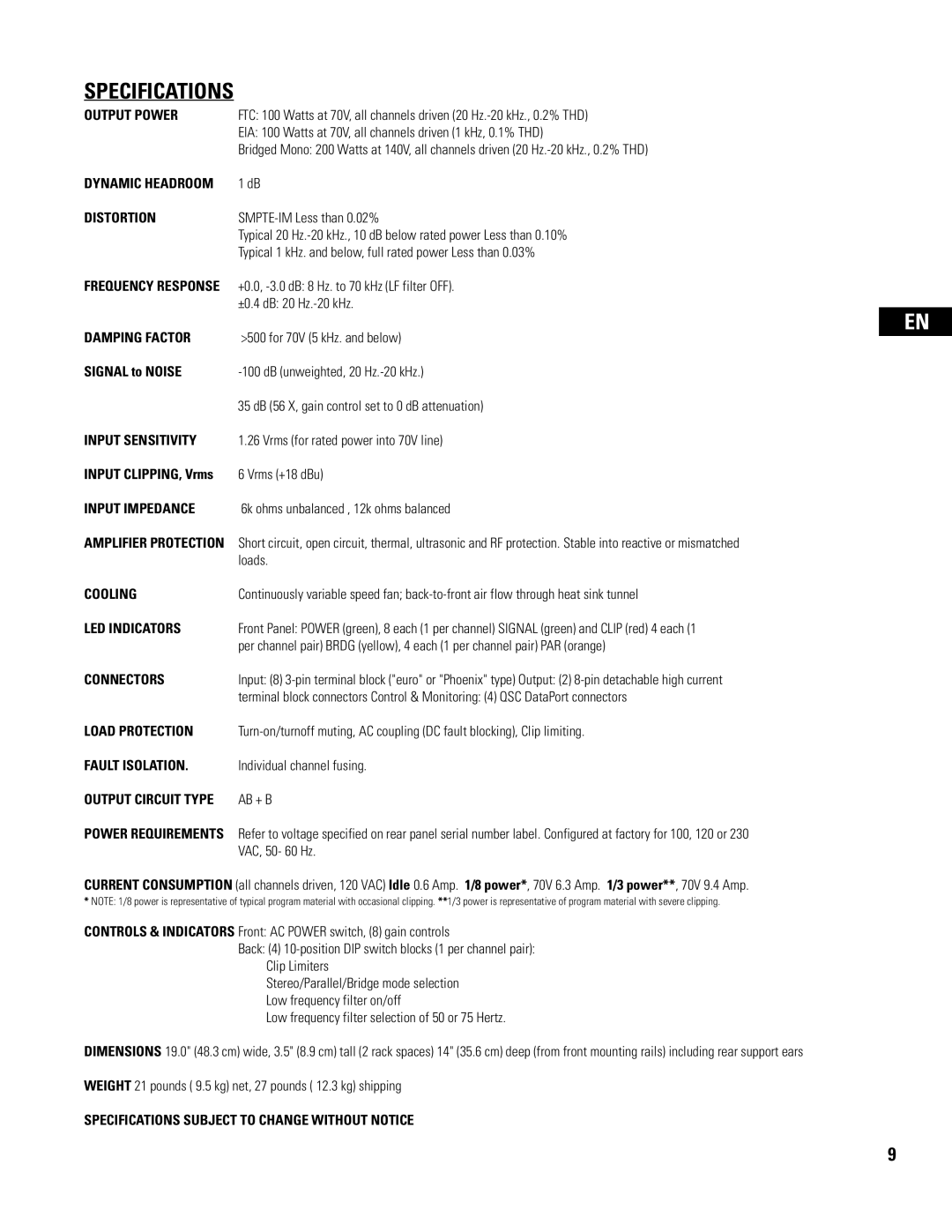 QSC Audio CX108V user manual Specifications, Output Power 