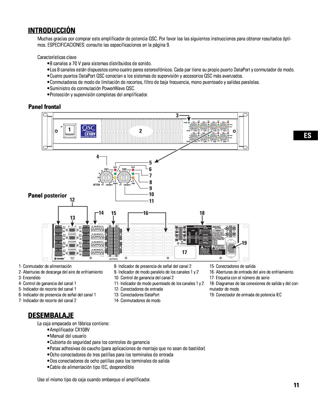 QSC Audio CX108V user manual Introducción, Desembalaje, Panel frontal, Panel posterior 