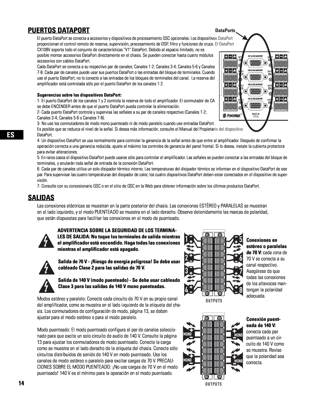 QSC Audio CX108V user manual Puertos Dataport, Salidas 