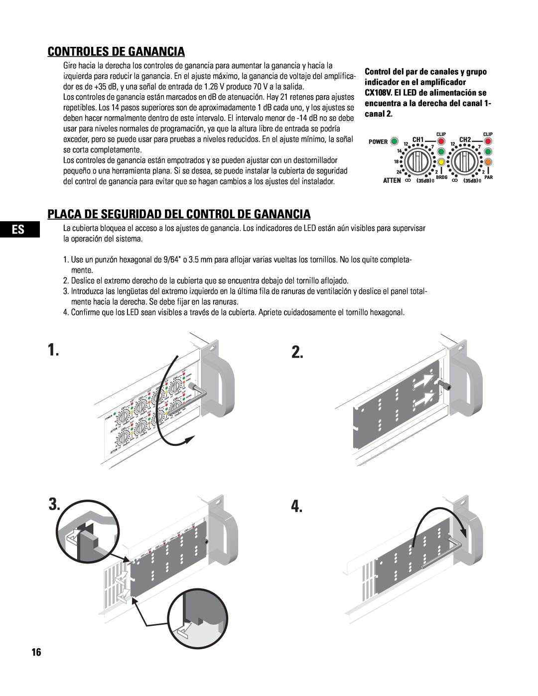 QSC Audio CX108V user manual Controles De Ganancia, Placa De Seguridad Del Control De Ganancia 
