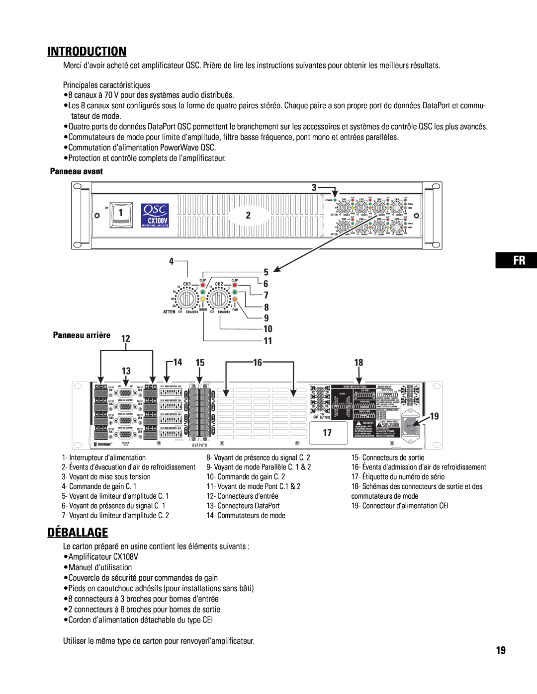 QSC Audio CX108V user manual Déballage, Introduction, Panneau avant, Panneau arrière 