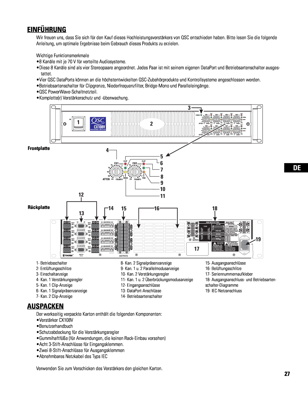QSC Audio CX108V user manual Einführung, Auspacken, Frontplatte, Rückplatte 