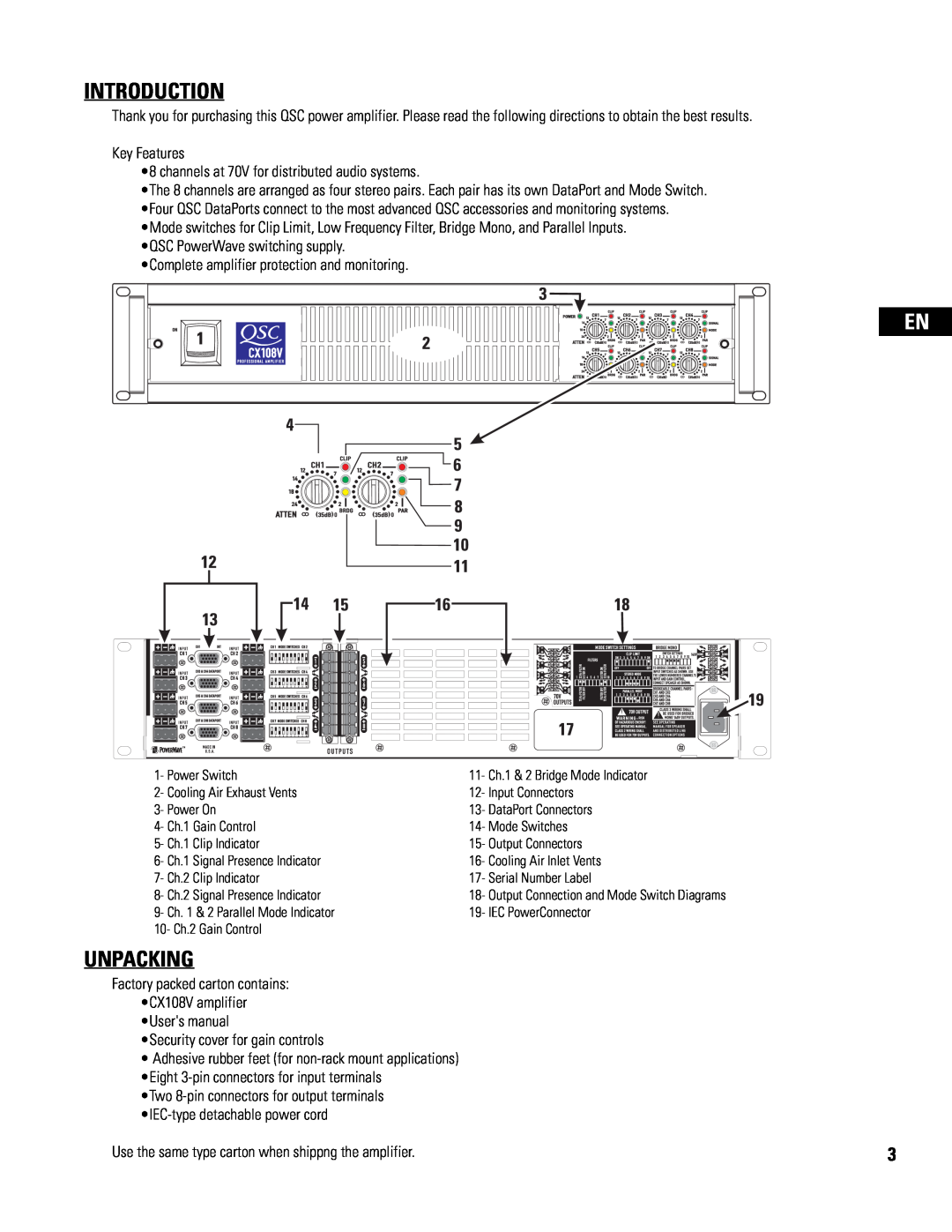 QSC Audio CX108V user manual Introduction, Unpacking, Key Features, channels at 70V for distributed audio systems 