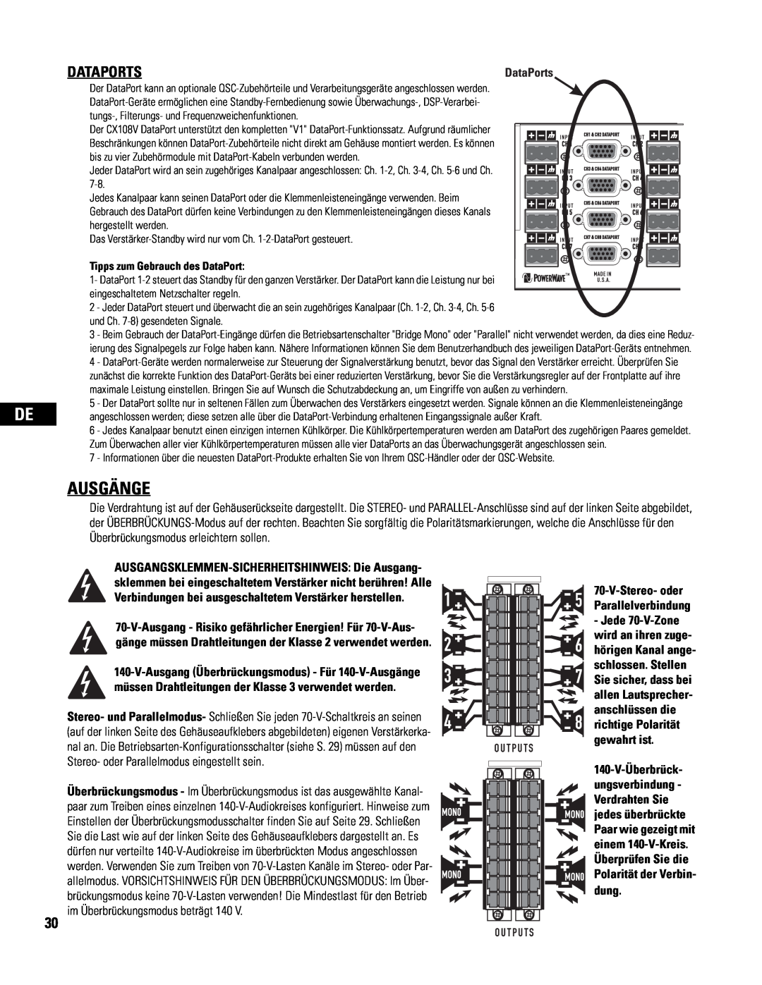 QSC Audio CX108V user manual Ausgänge, Dataports 