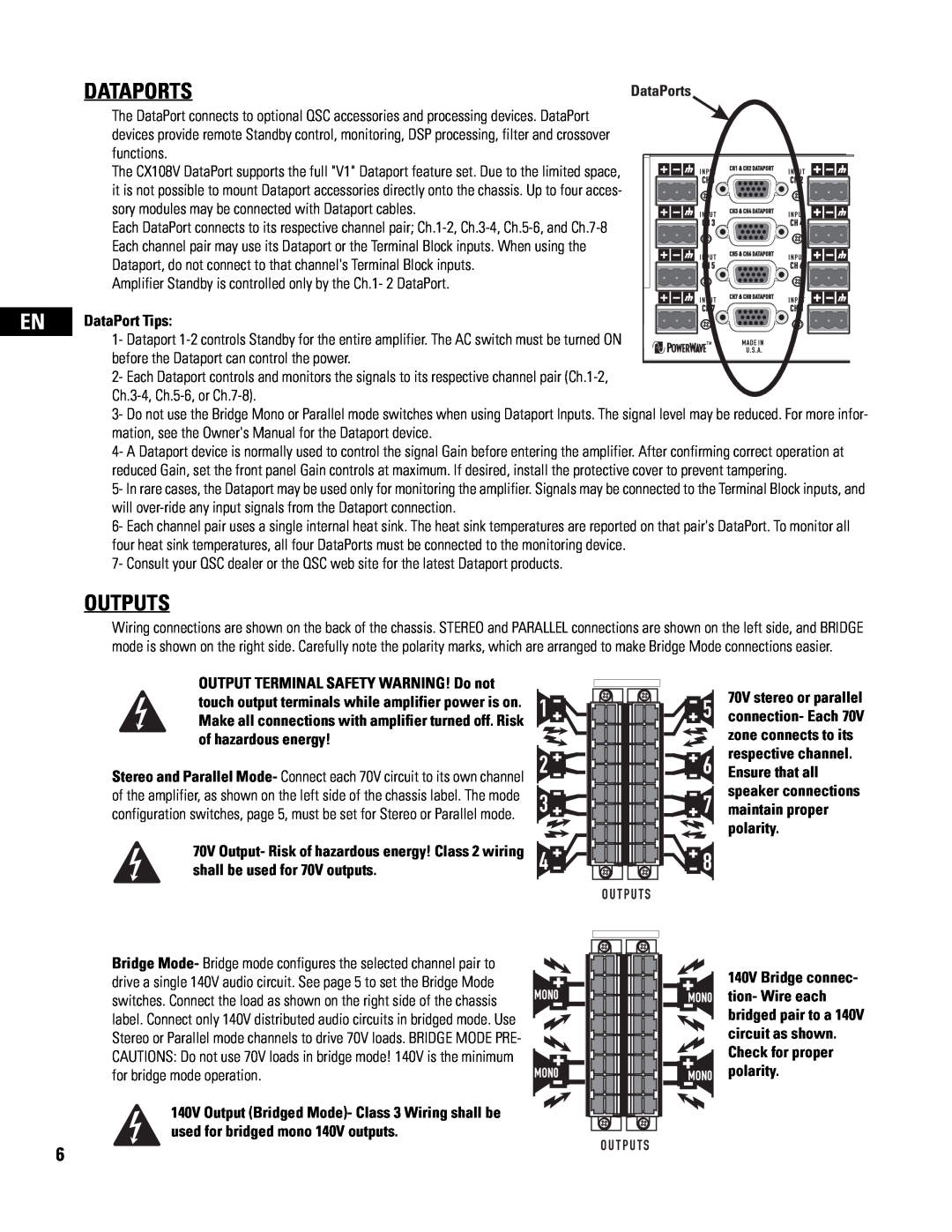 QSC Audio CX108V user manual Dataports, Outputs 