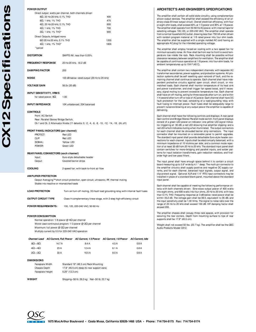 QSC Audio CX12 Power Output, Distortion, Frequency Response, Damping Factor, Noise, Voltage Gain, Input Impedance, Cooling 