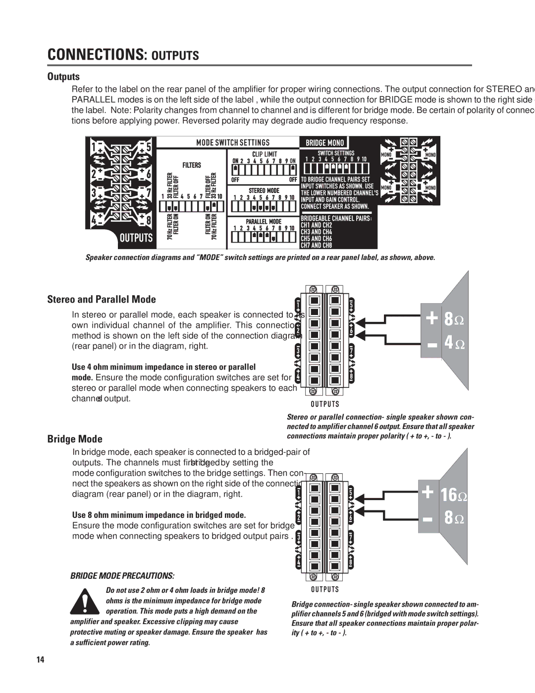 QSC Audio CX168 user manual Connections Outputs, Stereo and Parallel Mode, Bridge Mode 