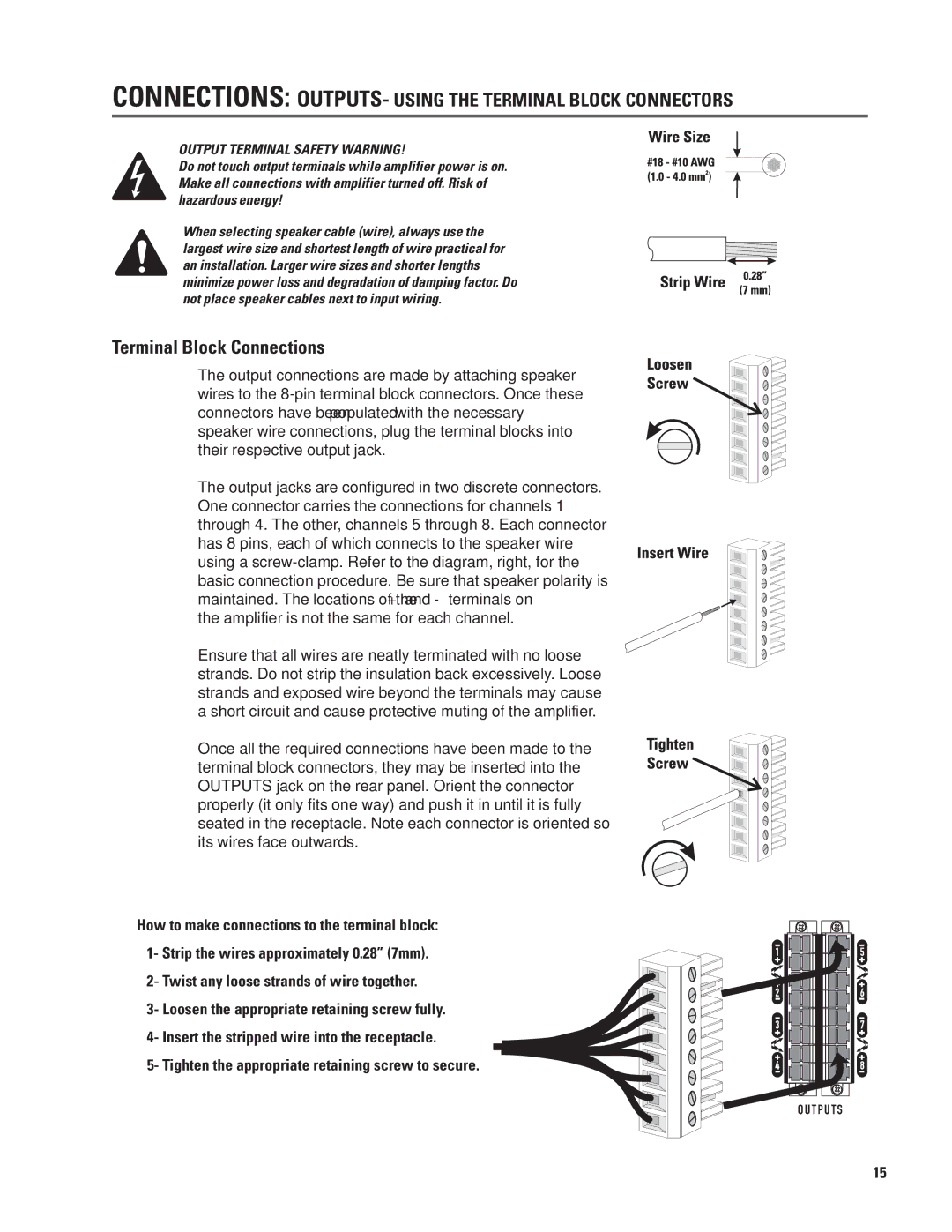 QSC Audio CX168 user manual Connections OUTPUTS- Using the Terminal Block Connectors, Terminal Block Connections 