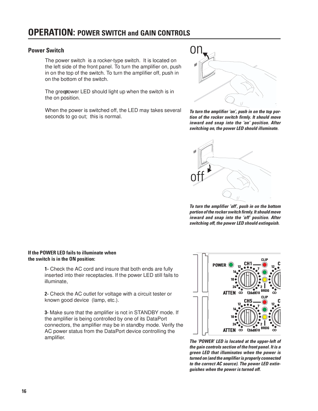 QSC Audio CX168 user manual Operation Power Switch and Gain Controls 