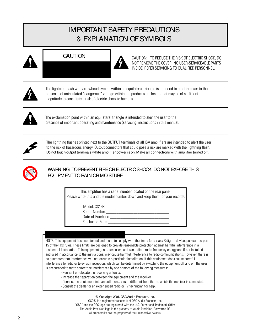 QSC Audio CX168 user manual Important Safety Precautions Explanation of Symbols, FCC Interference Statement 