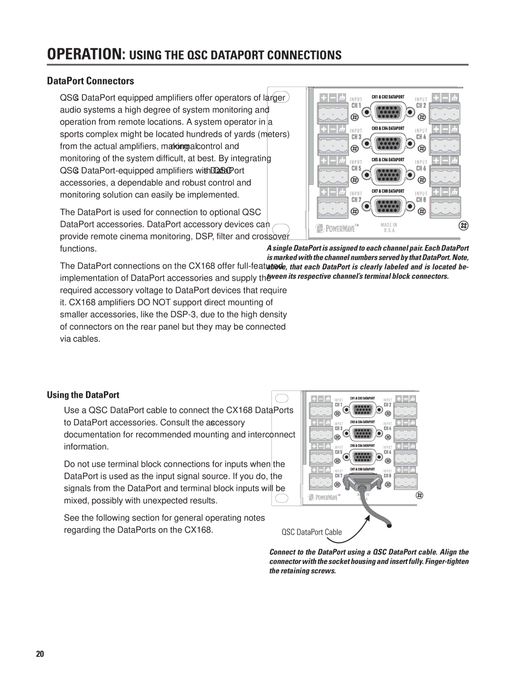 QSC Audio CX168 user manual Operation Using the QSC Dataport Connections, DataPort Connectors, Using the DataPort 