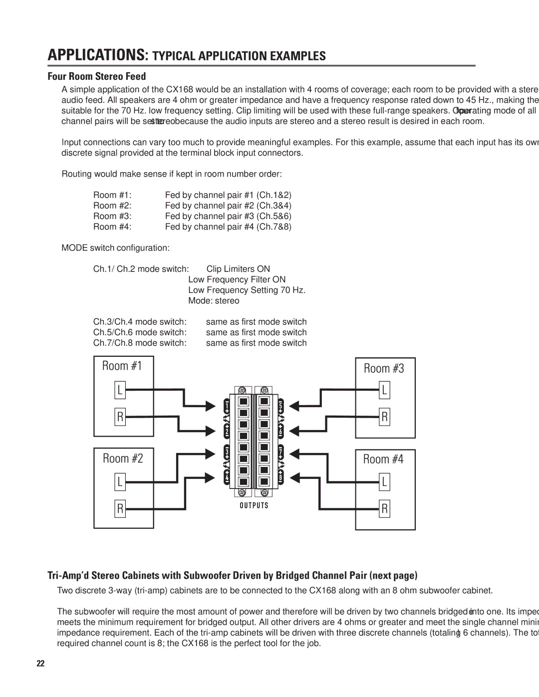 QSC Audio CX168 user manual Applications Typical Application Examples, Four Room Stereo Feed 