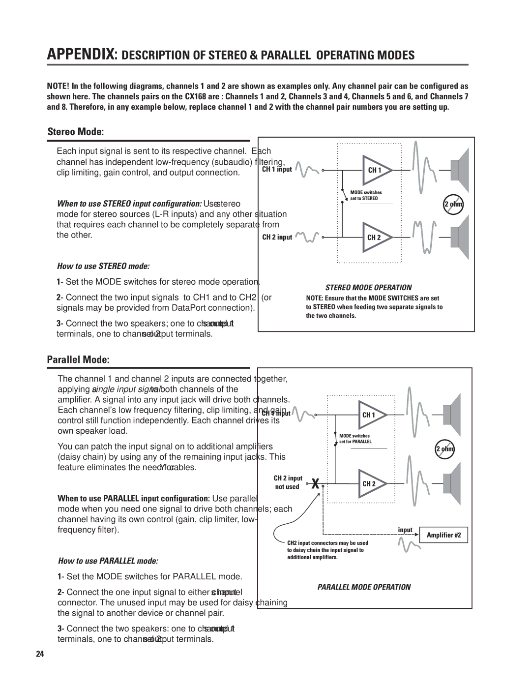 QSC Audio CX168 user manual Appendix Description of Stereo & Parallel Operating Modes, Stereo Mode, Parallel Mode 