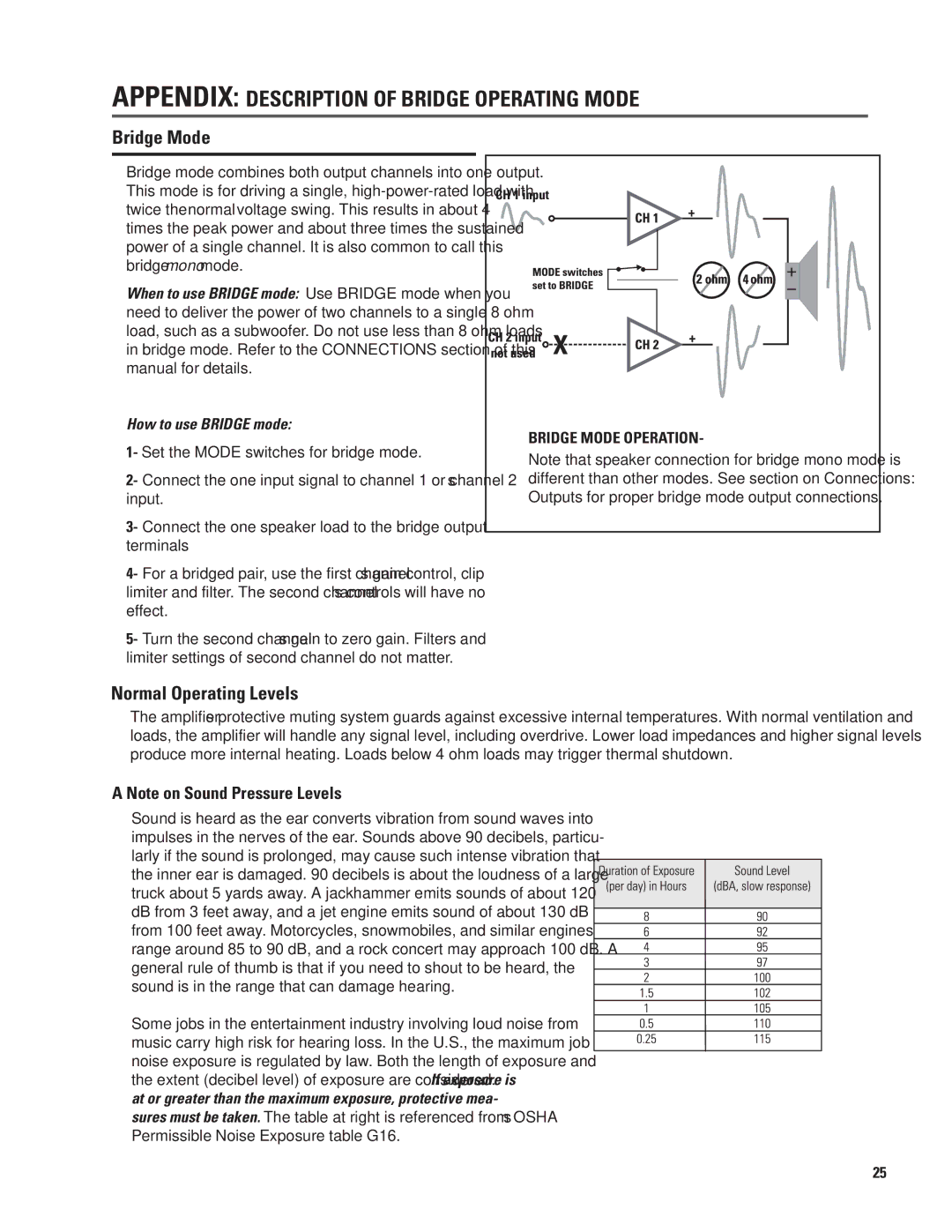 QSC Audio CX168 user manual Appendix Description of Bridge Operating Mode, Normal Operating Levels 