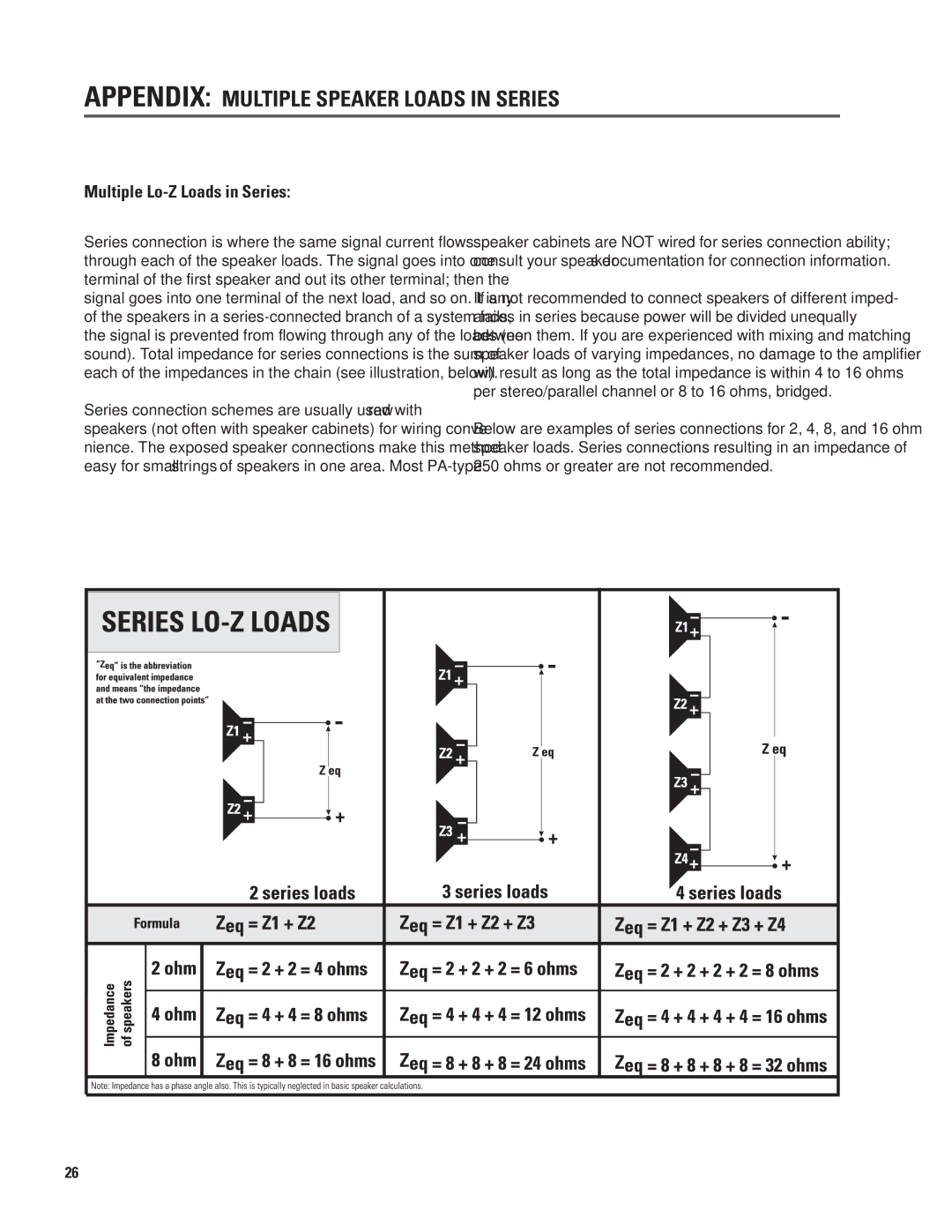 QSC Audio CX168 user manual Appendix Multiple Speaker Loads in Series, Multiple Lo-Z Loads in Series 