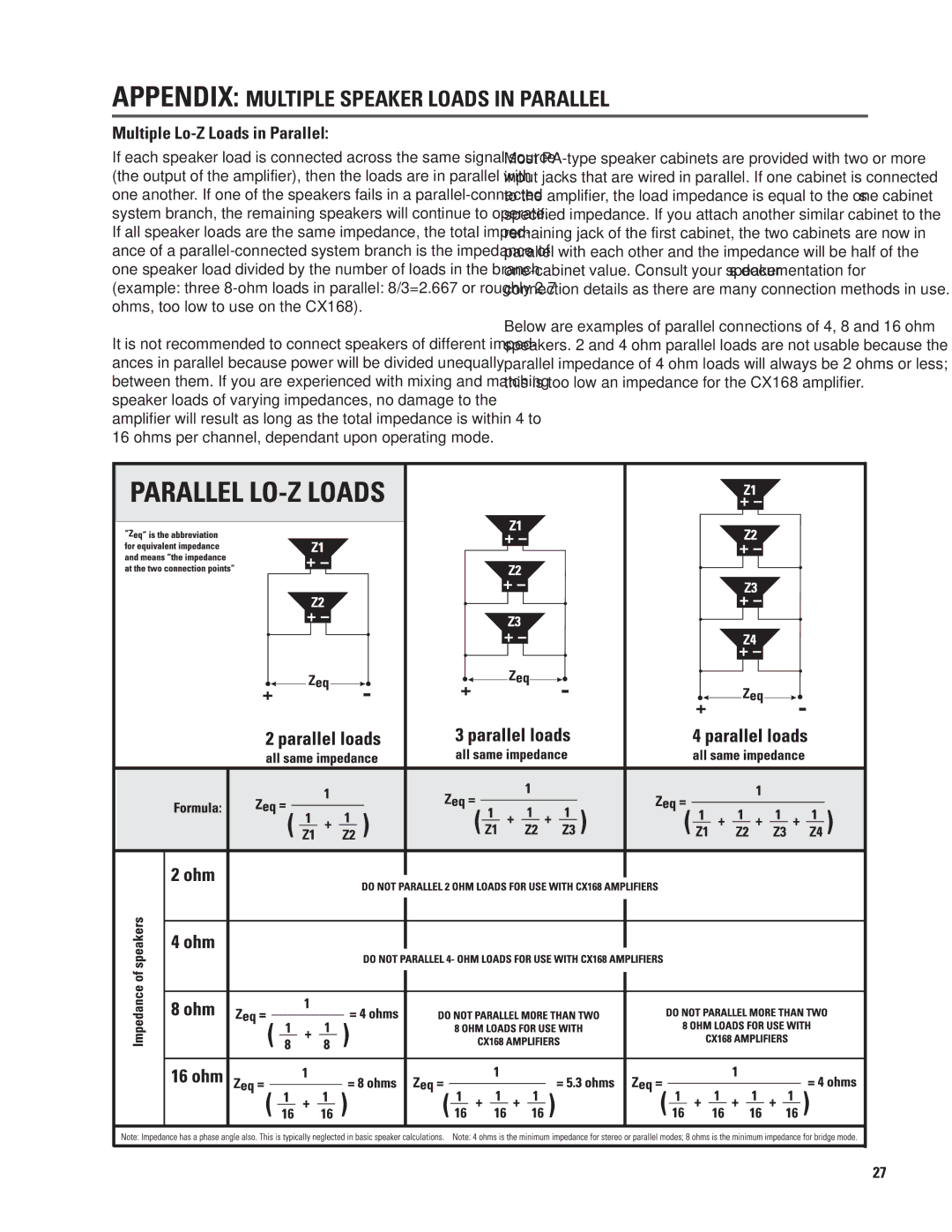 QSC Audio CX168 user manual Appendix Multiple Speaker Loads in Parallel, Multiple Lo-Z Loads in Parallel 