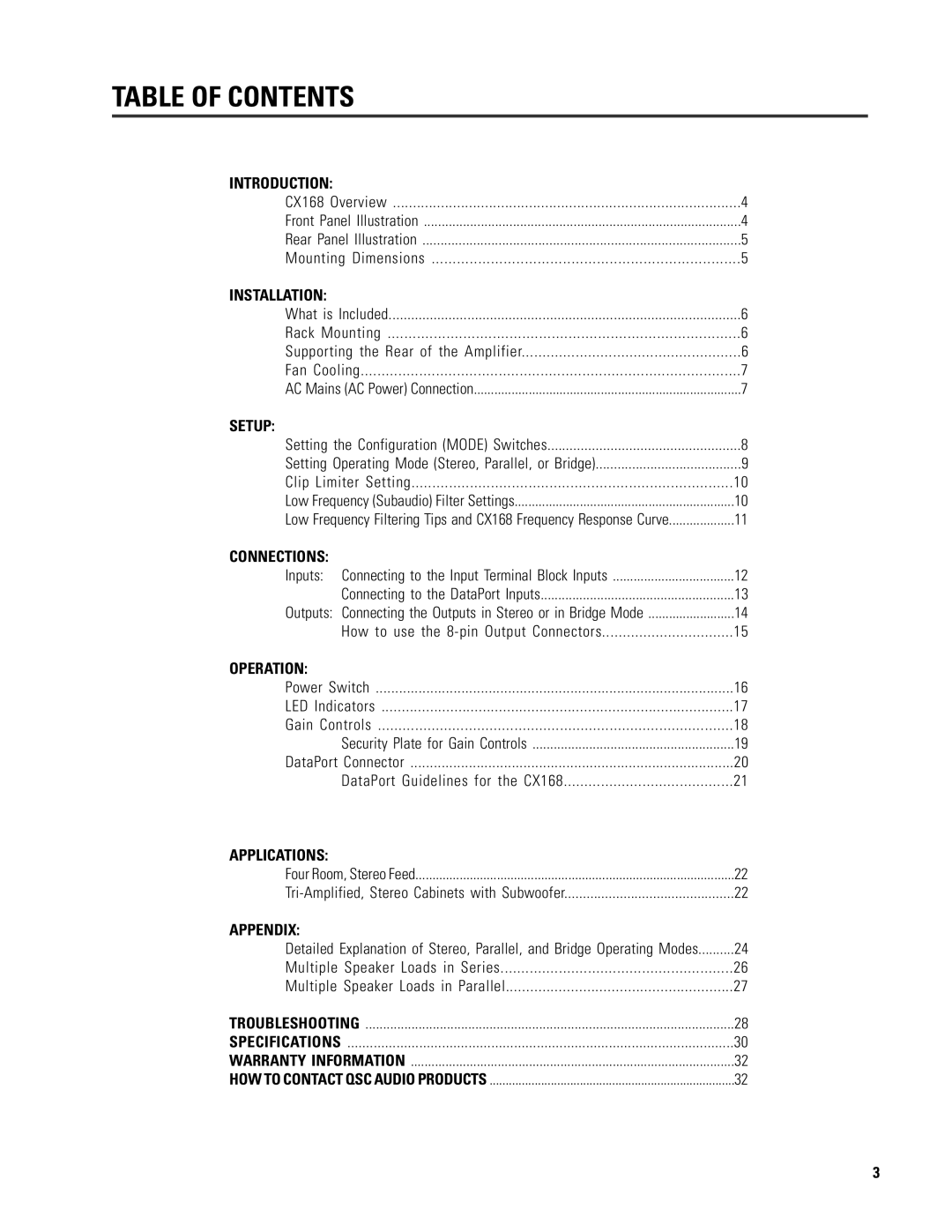 QSC Audio CX168 user manual Table of Contents 