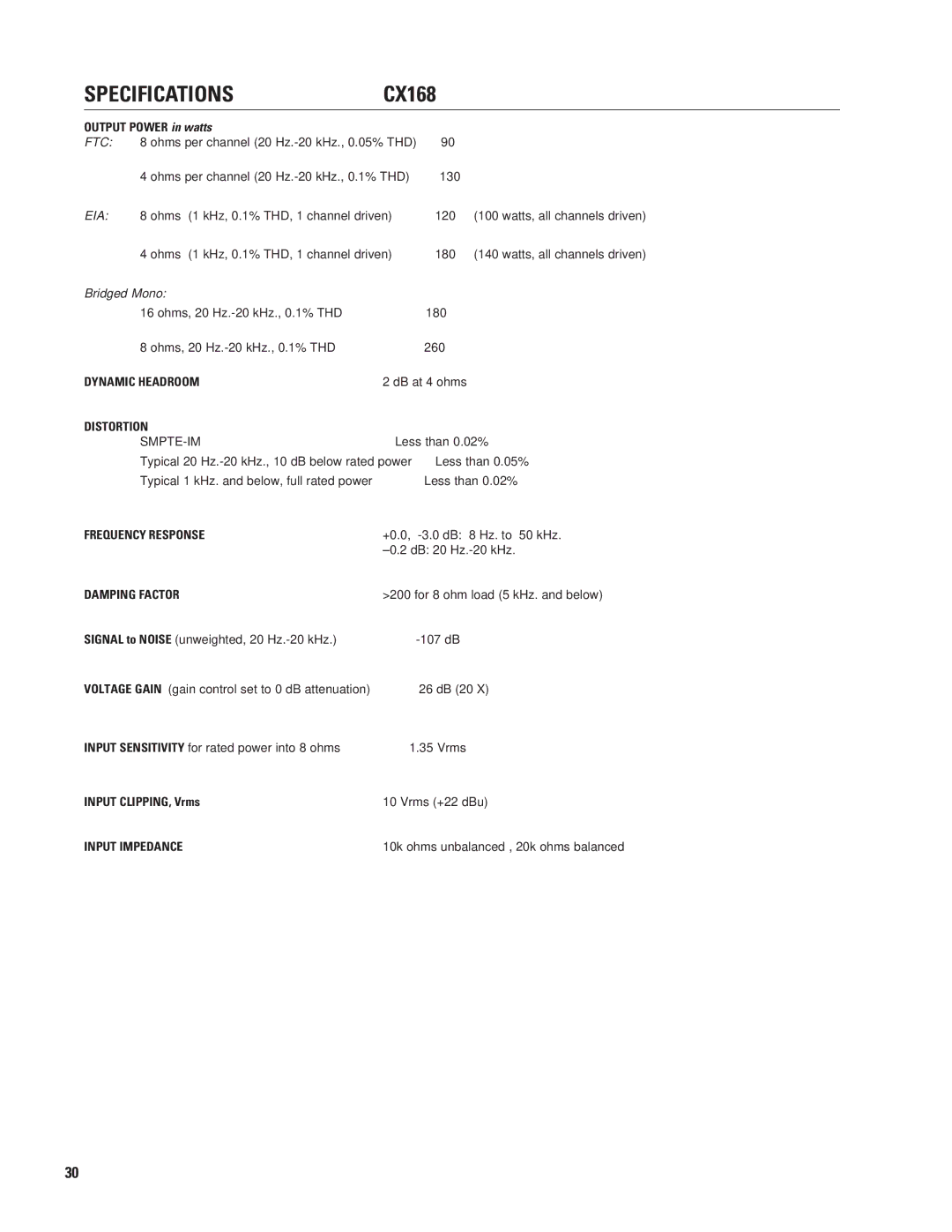 QSC Audio user manual SPECIFICATIONSCX168, Output Power in watts 