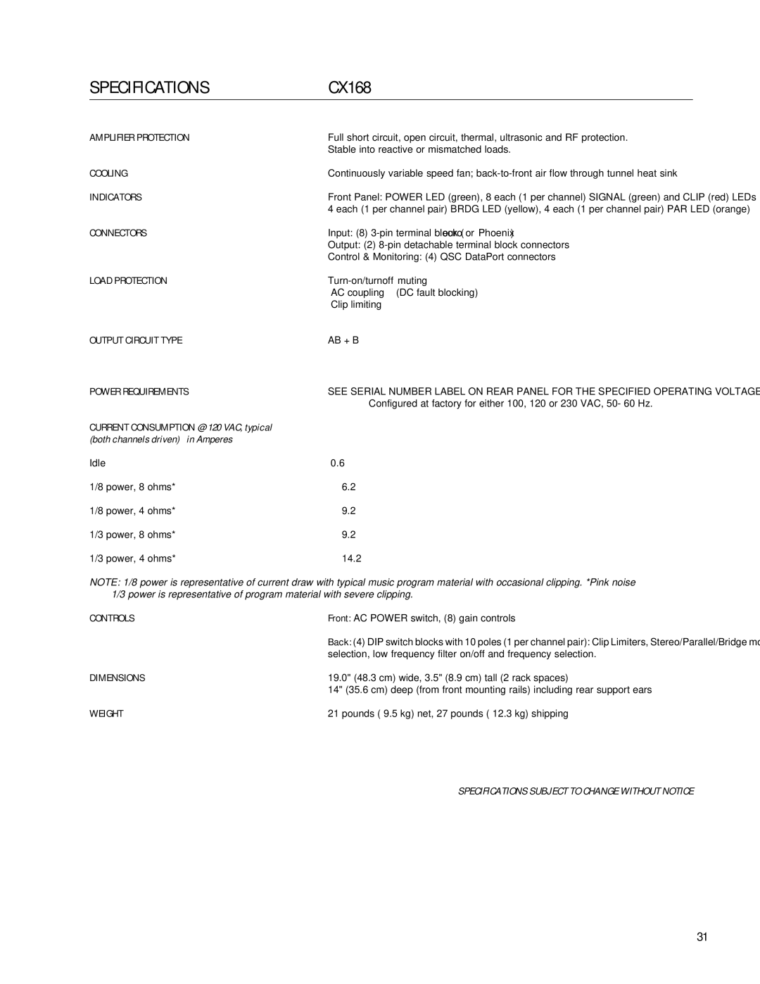 QSC Audio CX168 user manual Specifications 