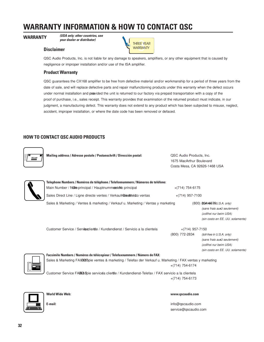 QSC Audio CX168 user manual Warranty Information & HOW to Contact QSC, Disclaimer, Product Warranty 