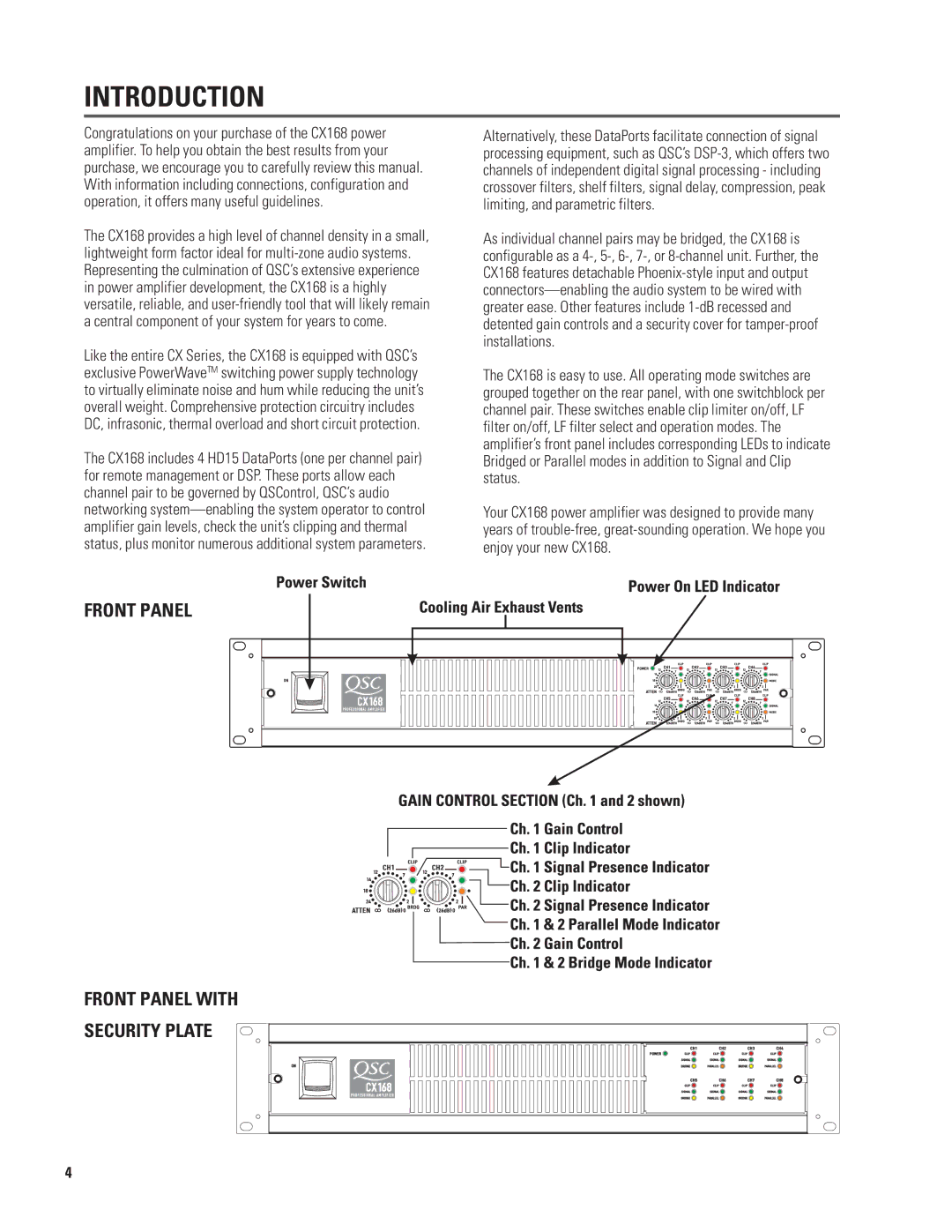 QSC Audio CX168 user manual Introduction, Front Panel Front Panel with Security Plate 