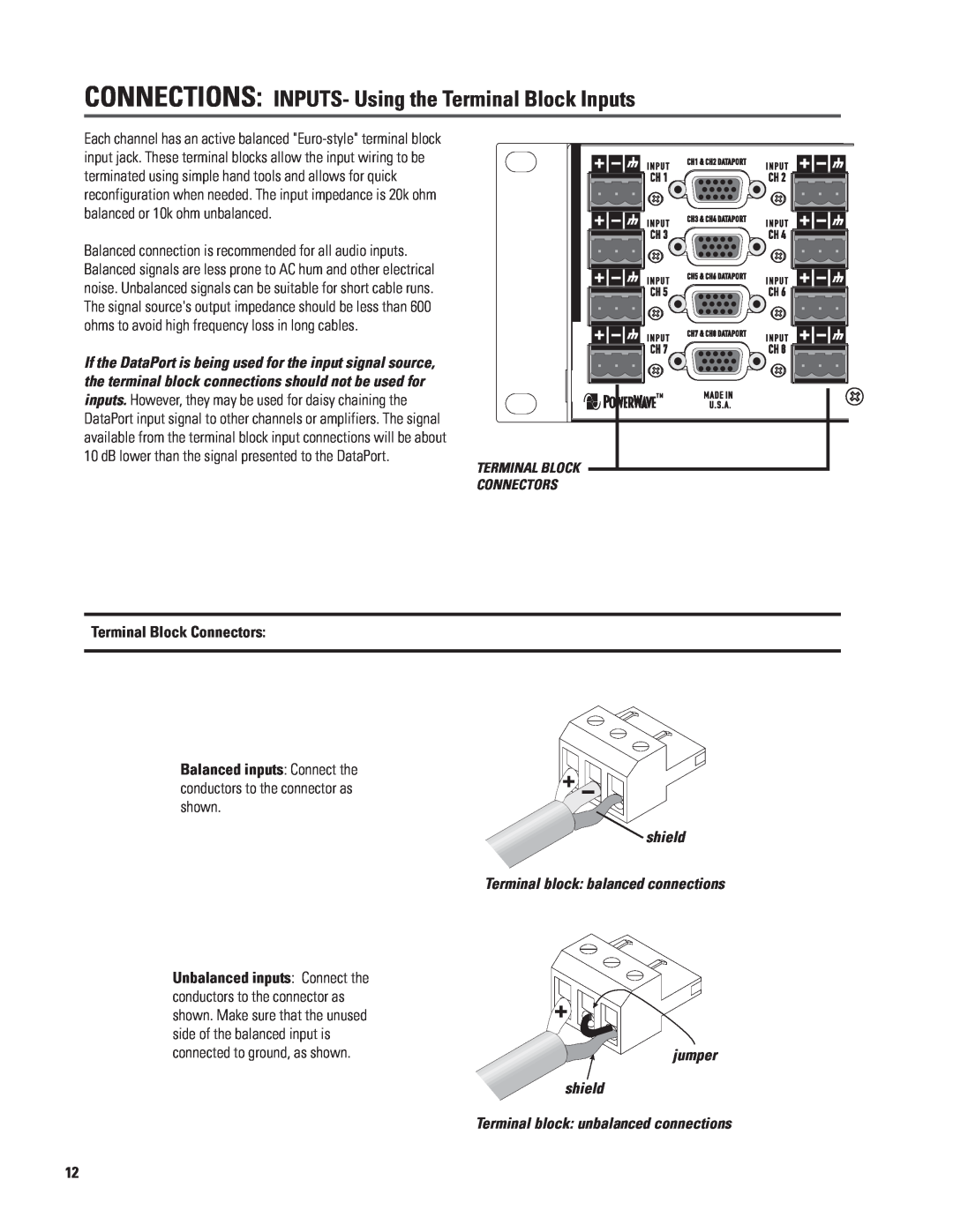 QSC Audio CX168 user manual Terminal Block Connectors, shield Terminal block balanced connections, jumper shield 