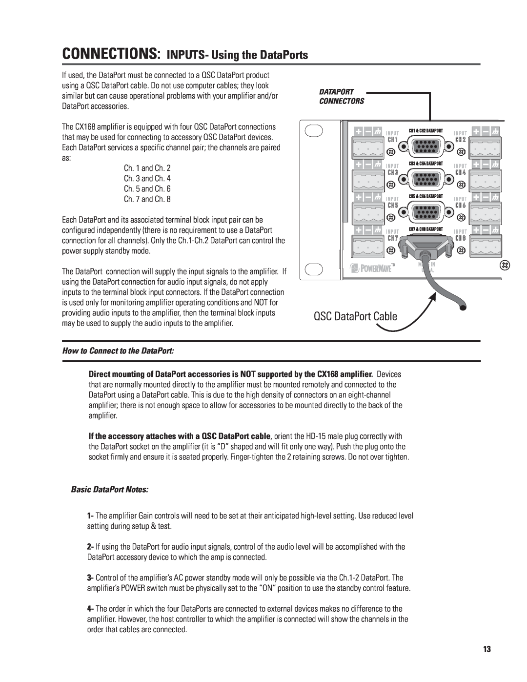 QSC Audio CX168 user manual CONNECTIONS INPUTS- Using the DataPorts, How to Connect to the DataPort, Basic DataPort Notes 