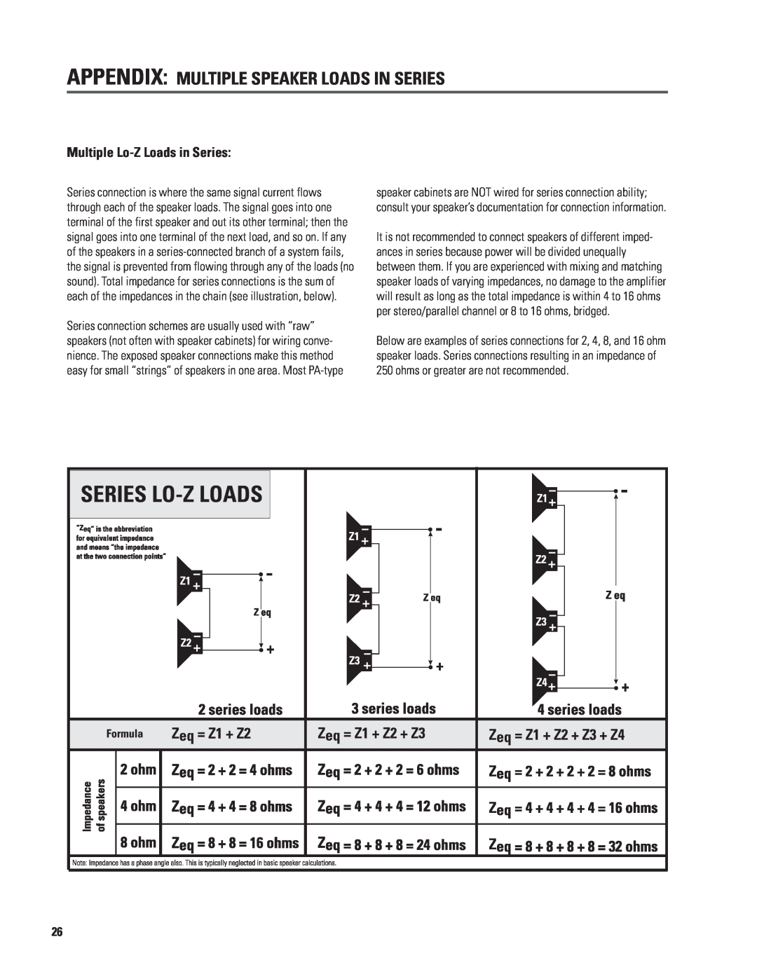 QSC Audio CX168 user manual Appendix Multiple Speaker Loads In Series, Multiple Lo-ZLoads in Series 