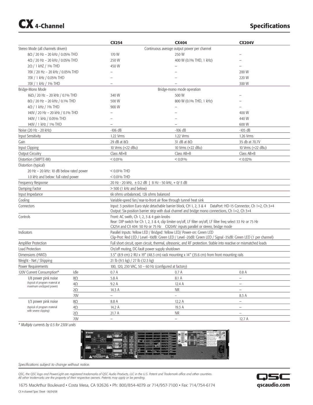 QSC Audio CX254, CX404, CX204V warranty Qscaudio.com 