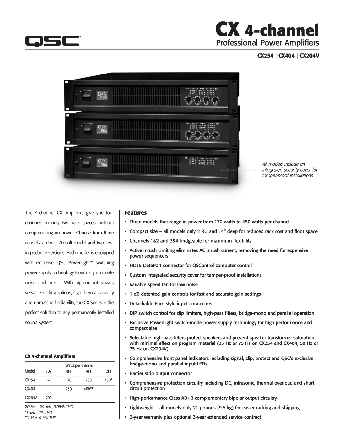 QSC Audio warranty CX254 CX404 CX204V, Features, CX 4-channel, Professional Power Amplifiers 