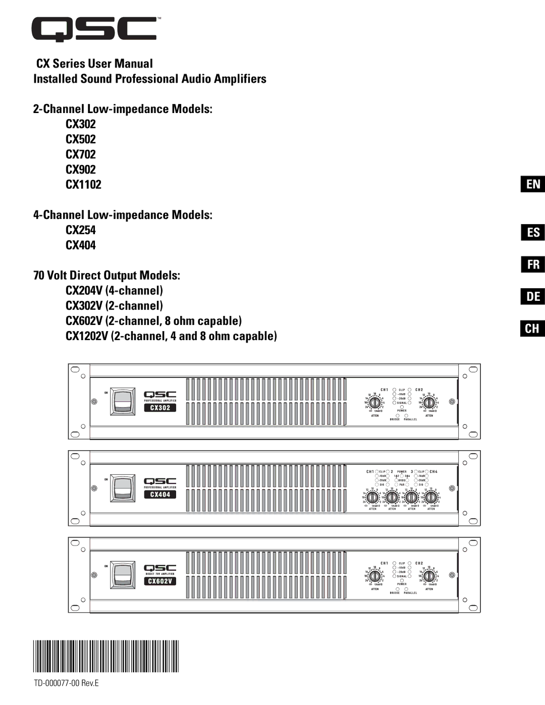 QSC Audio CX404, CX602V, CX902, CX702 user manual TD-000077-00, Volt Direct Output Models CX204V 4-channel CX302V 2-channel 