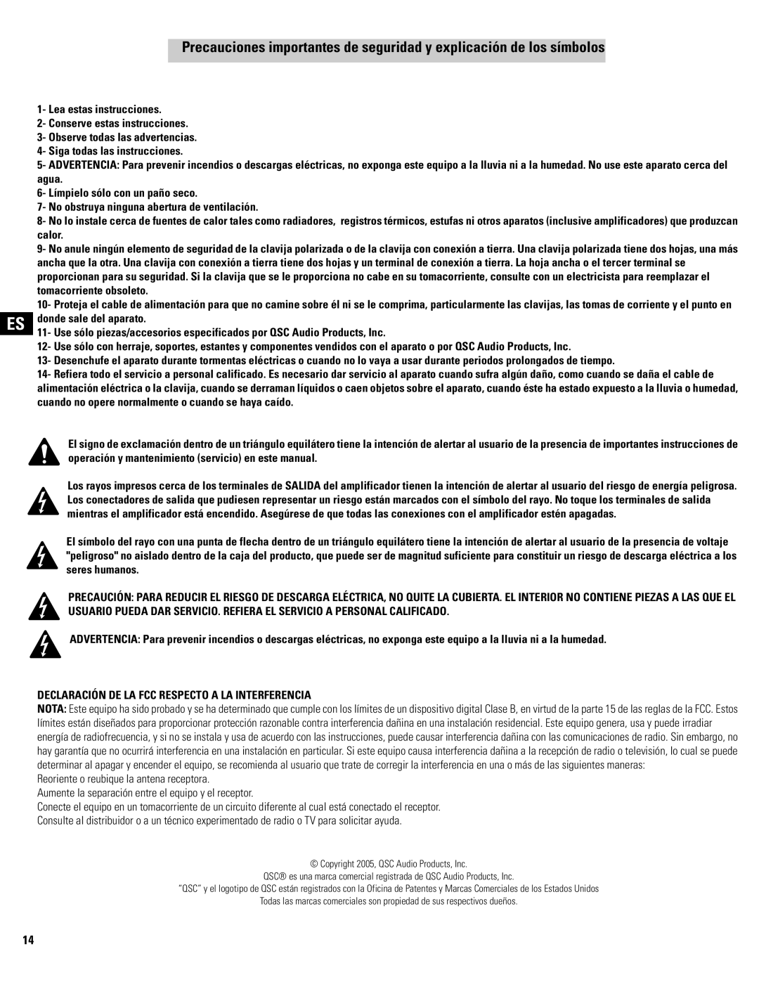 QSC Audio CX702, CX602V, CX404, CX902, CX204V, CX1102, CX1202V, CX302V, CX254 Declaración DE LA FCC Respecto a LA Interferencia 