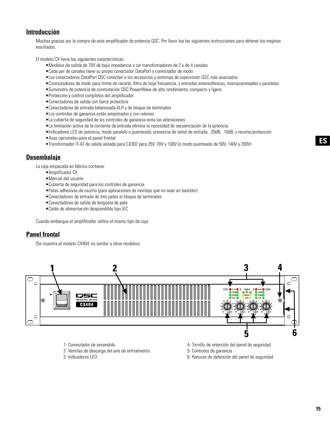 QSC Audio CX204V, CX602V, CX404, CX902, CX702, CX1102, CX1202V, CX302V, CX254, CX502 Introducción, Desembalaje, Panel frontal 