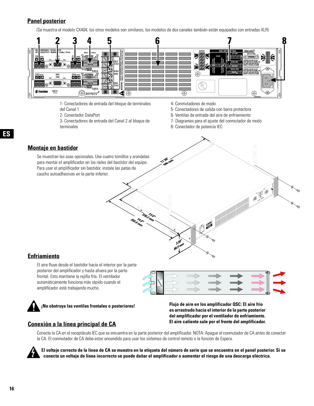 QSC Audio CX1102, CX602V, CX404 Panel posterior, Montaje en bastidor, Enfriamiento, Conexión a la línea principal de CA 