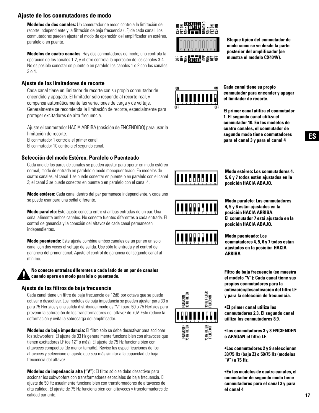 QSC Audio CX1202V, CX602V, CX404, CX902, CX702, CX302 Ajuste de los conmutadores de modo, Ajuste de los limitadores de recorte 