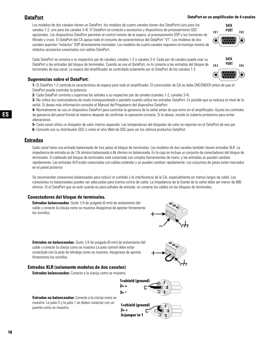 QSC Audio CX302V, CX602V, CX404, CX902 Entradas, Sugerencias sobre el DataPort, Conectadores del bloque de terminales 