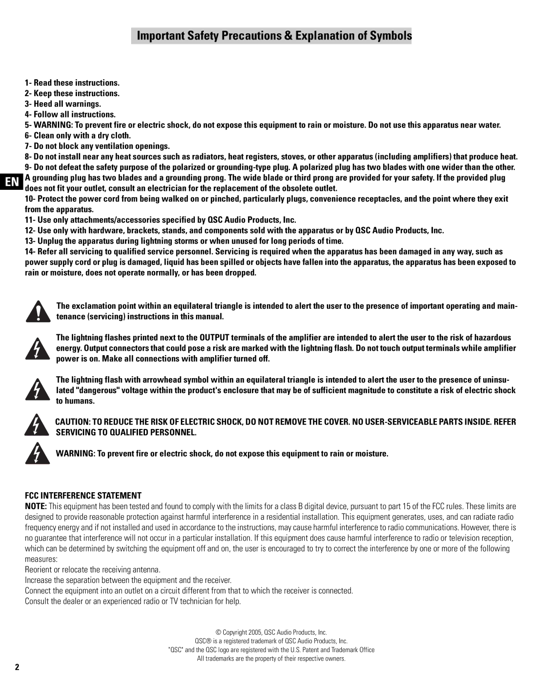 QSC Audio CX902, CX602V, CX404, CX702 Important Safety Precautions & Explanation of Symbols, FCC Interference Statement 