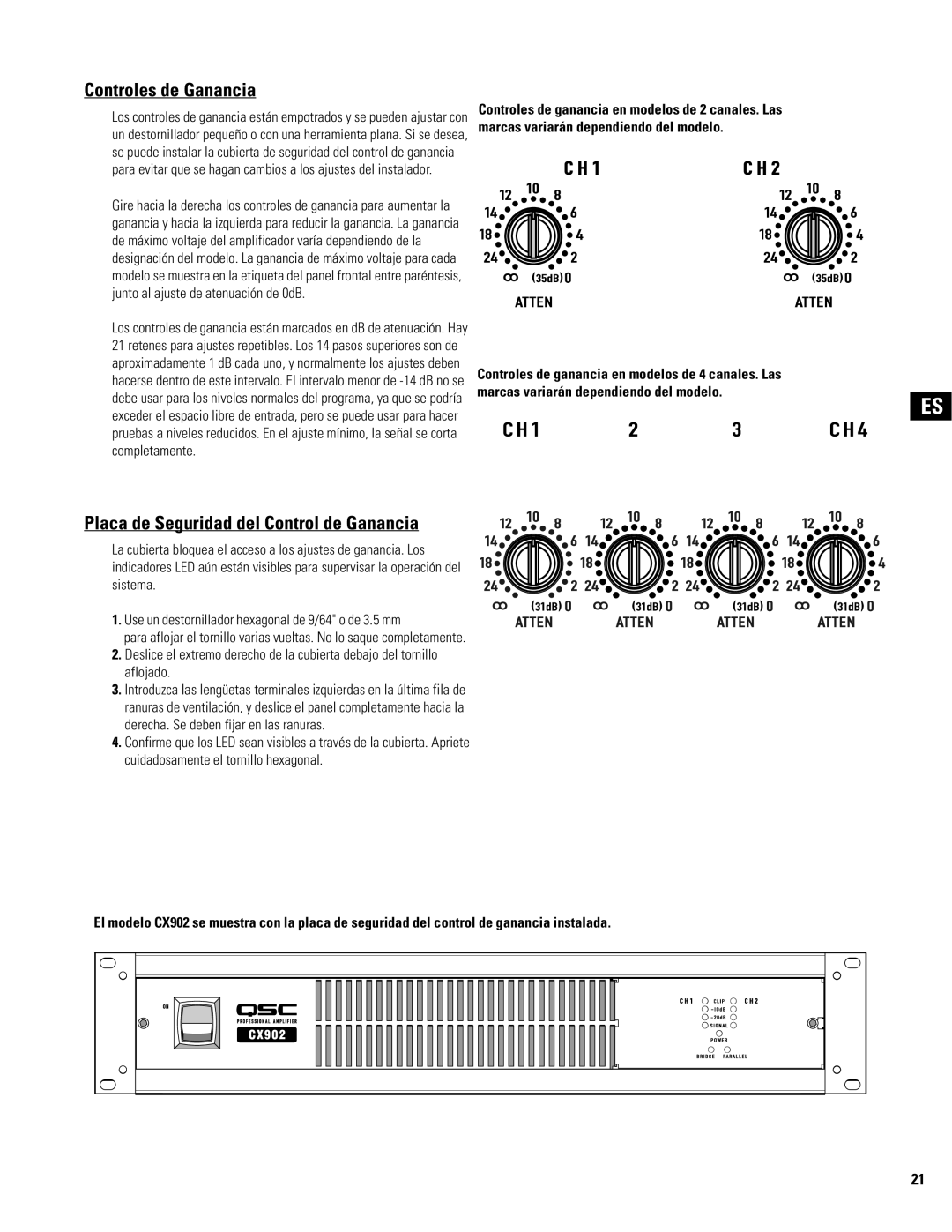 QSC Audio CX502, CX602V, CX404, CX902, CX702, CX204V, CX1102 Controles de Ganancia, Placa de Seguridad del Control de Ganancia 