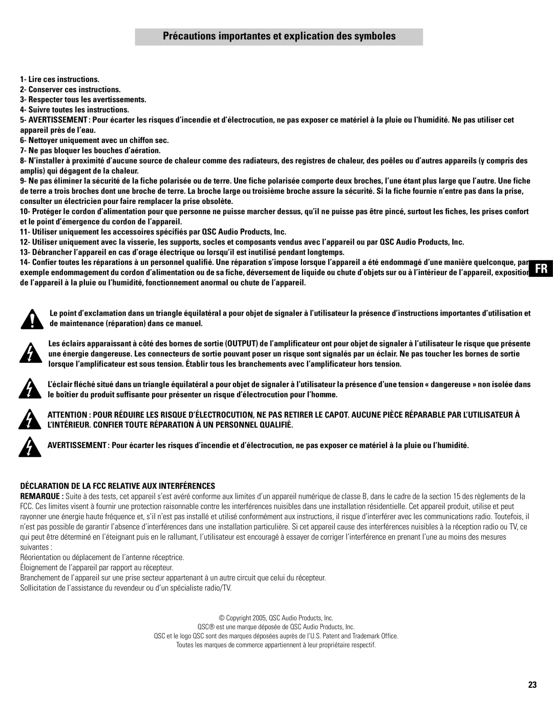 QSC Audio CX404 Précautions importantes et explication des symboles, Déclaration DE LA FCC Relative AUX Interférences 