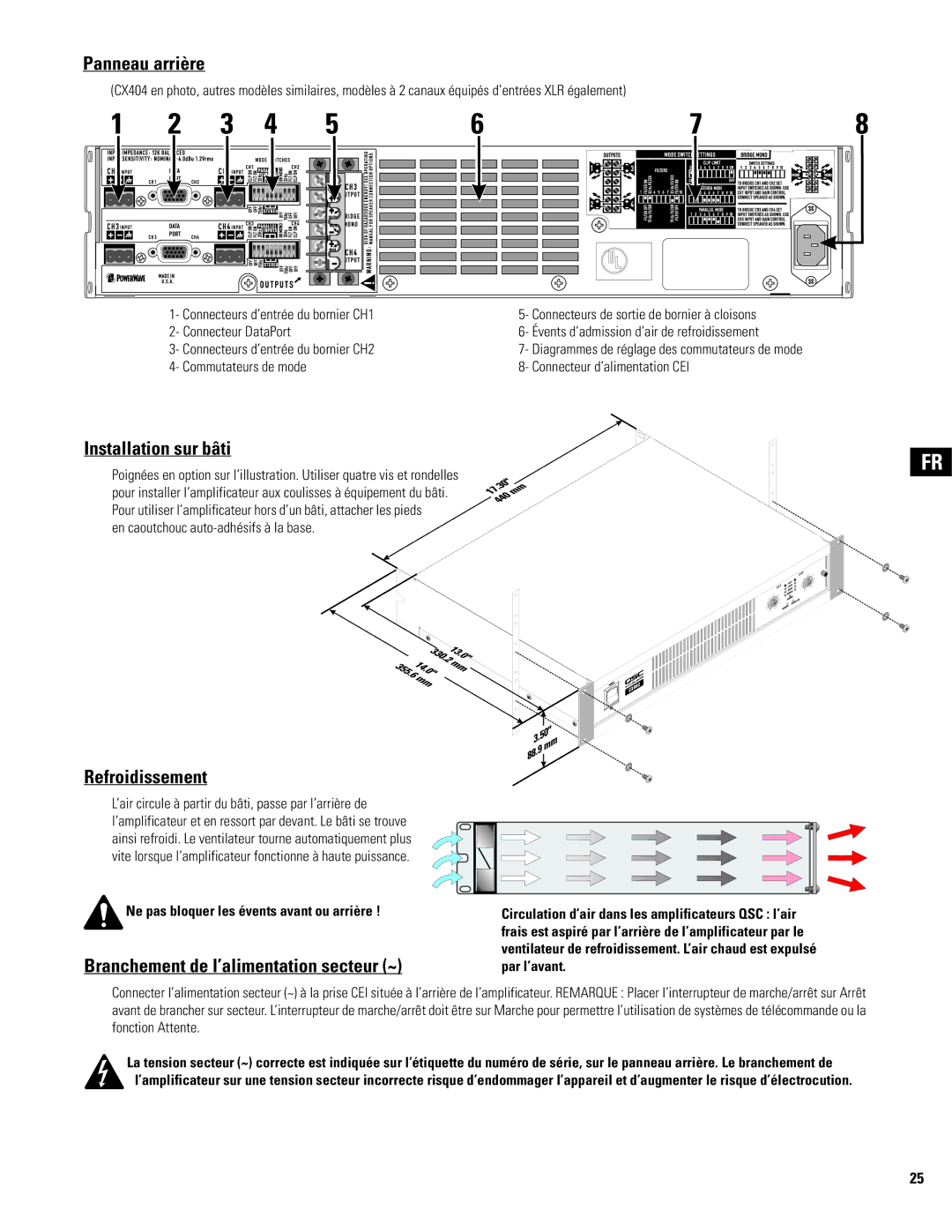 QSC Audio CX702, CX602V Panneau arrière, Installation sur bâti, Refroidissement, Branchement de l’alimentation secteur ~ 